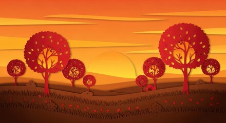 Vibrant paper cut autumn landscape with red trees, rolling hills, and a warm sunset sky.