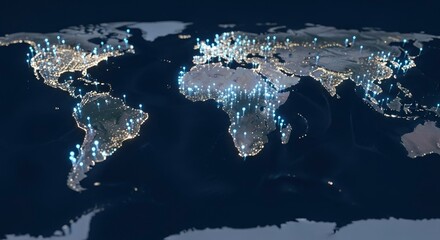 Digital world map with glowing city lights and network connections, symbolizing global connectivity.