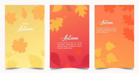 Set of three autumn posters with gradient backgrounds in yellow, red, and orange, decorated with falling leaves in warm seasonal colors and the word Autumn.