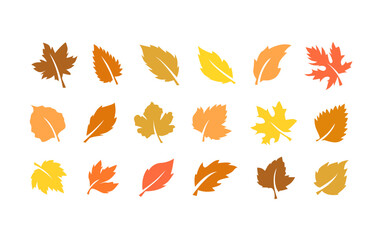 Colorful autumn leaf icons in various shapes, flat design with orange, red, yellow, and brown tones for seasonal decoration.