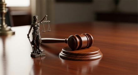 Symbolic Lady Justice and gavel on a wooden table, representing law, justice, and authority.
