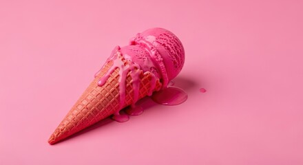 Vibrant pink ice cream cone melting on a matching pink background, a sweet summer treat.