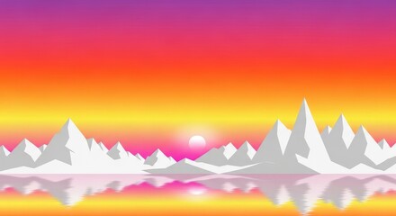 Vibrant gradient sunset over geometric mountains reflecting in water, in a minimalist abstract st...