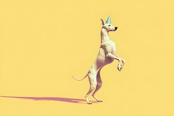 Obraz premium Dog Wearing Party Hat Standing on Two Legs on Bright Yellow Background