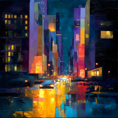 Obraz premium Abstract Night Cityscape Painting with Reflections, Modern Urban Art with Buildings, Streetlights, and Cars in Bold Colors, Contemporary Impressionism