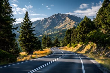 Fototapeta premium Route winding scenic country road bordered by lush trees and towering distant mountains wide shot
