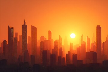 Obraz premium Sun setting behind a city skyline bathes glass buildings in a fiery orange river.