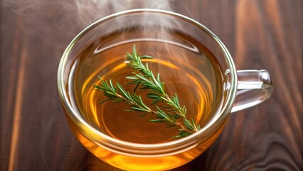 Healing wellness travel and Busy escape concept. A steaming cup of herbal tea with a sprig of rosemary on a wooden surface.
