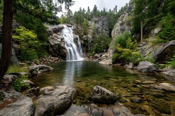 Fototapeta premium Waterfall wide view with full cascade forest rocks great for web banner layouts