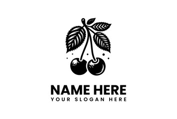 Two Black Cherries with Detailed Leaves on a White Background.