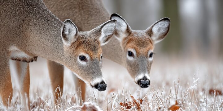 Two Graceful White-Tailed Deer Grazing Peacefully in a Frosty Snow-Covered Meadow in Winter