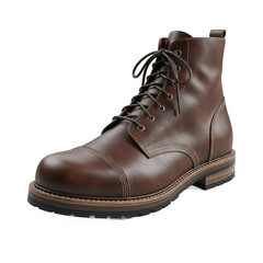 A single classic brown leather wingtip lace up boot with detailed stitching isolated on transparent background