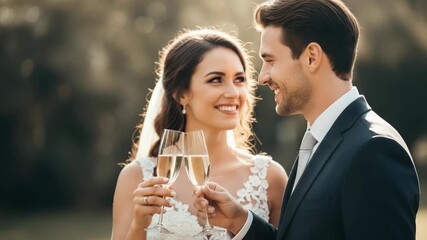 Wedding day portrait shows bride and groom with champagne flutes celebrating together. Wedding day is special moment with happy bride and handsome groom outdoors.