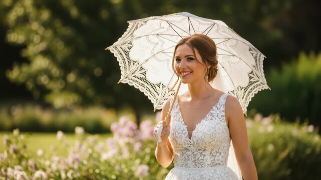 Smiling bride holding parasol in garden wearing wedding dress. Lace parasol provides shade and romantic style for bride during outdoor wedding photoshoot. Capture charming wedding photo,