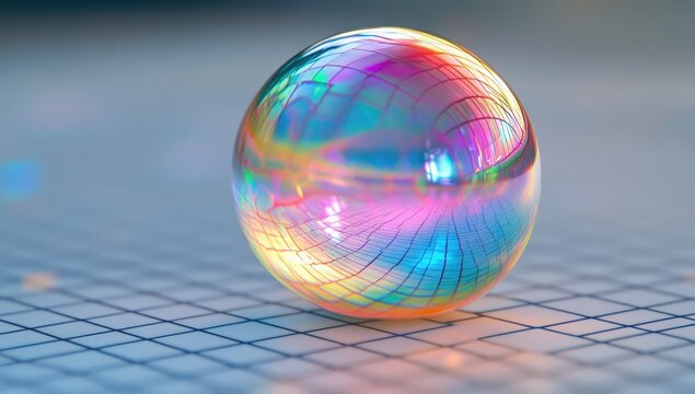 Iridescent sphere reflects light, grid surface