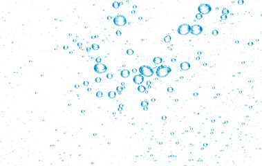Blue water bubbles rising on white background, symbol of freshness, hydration, purity, mineral water, skincare, spa, cosmetic product design, and clean natural concept.