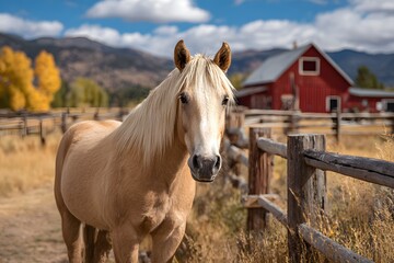 Obraz premium Colt chilling in sunny green field near a wooden fence with a red barn behind.