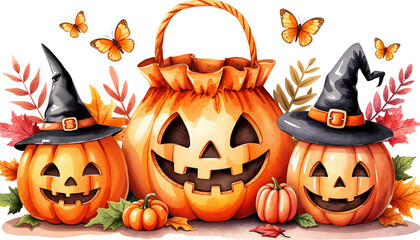 Halloween pumpkins with witch hats and autumn leaves on white backdrop  