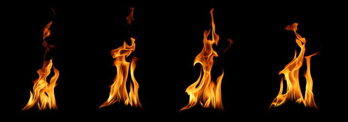 Realistic fire flames isolated on black background, burning orange fire elements for design, heat energy, danger, explosion, and abstract texture concept.