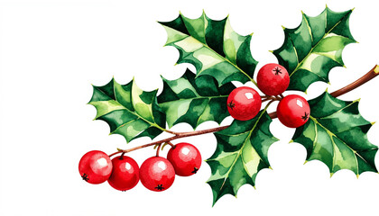 Fototapeta premium Holly branch with red berries and green leaves on white background 