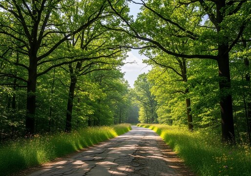 Rural Road Lined with Lush Green Trees in a Sunny Forest Canopy