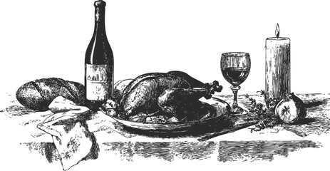 Detailed vintage black sketchy holiday table with roast turkey, wine, bread, and candle in line art style.