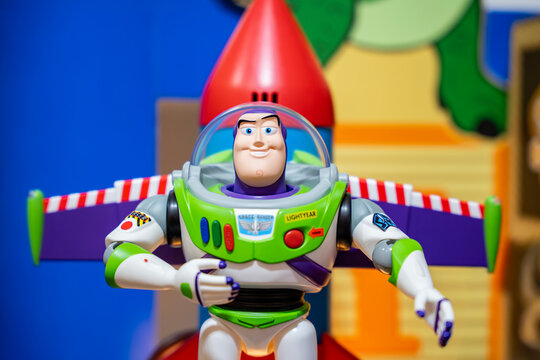 Bangkok, Thailand - September 4, 2025 : Toy Story movie backdrop display with Buzz Lightyear, a famous character in movie theatre.