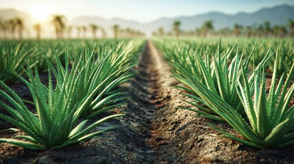 Aloe vera plantation in rows with palm trees and mountains in the background during sunrise