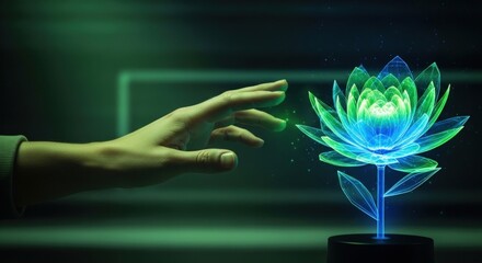 A hand reaches out to touch a glowing, ethereal lotus flower in a futuristic setting