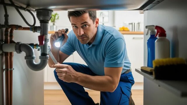 Plumber repairs plumbing under sink, using wrench and flashlight to examine the drain pipes. Plumbing under sink, pipes and valves demand maintenance. Plumber at work under the sink,