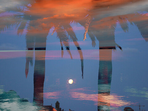 Sunset reflection, palm trees and a full moon over the ocean A stunning view of a sunset with palms reflected in the calm sea water, featuring a full moon and vibrant colors in the sky Double exposure