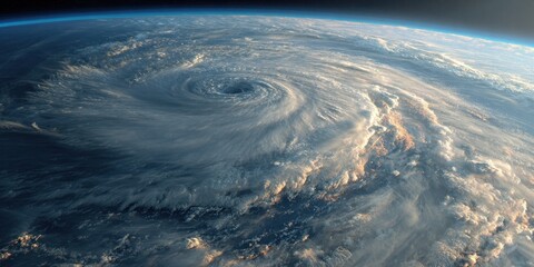 Fototapeta premium Satellite view of a massive swirling hurricane vortex with detailed cloud formations above the Earth's atmosphere