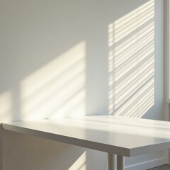 Obraz premium Shadowed blinds casting striped light across a clean white office desk