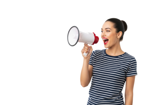 Young caucasian woman, early 20s, dark bun, red lipstick, crisp striped t-shirt, excitedly shouting into megaphone on transparent background with copy space, concept of public announcement