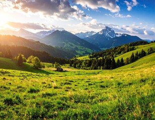 Idyllic Mountain Landscape with Green Meadow and Forest Under Cloudy Sky with Sun Rays