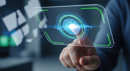 Man using futuristic interface to scan fingerprint, biometric identification and security