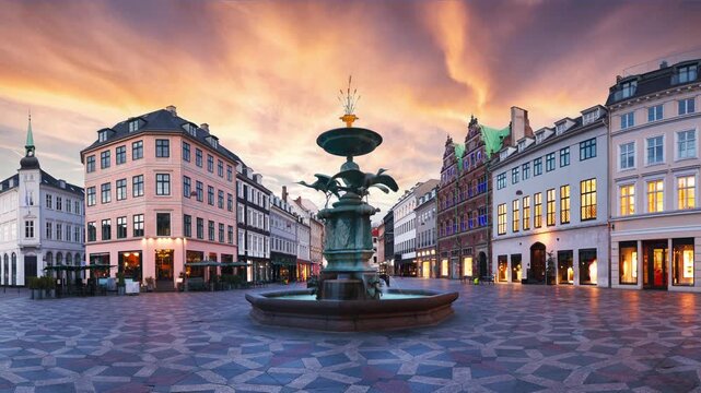 Time lapse of Stork Fountain on the Amagertorv (Amager Square) and the longest pedestrian street in the world Stroget in Copenhagen Denmark.