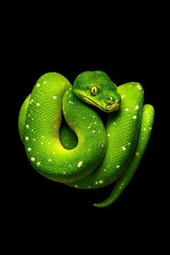 Green tree python coiled on a black background, showcasing its vibrant color and pattern.
