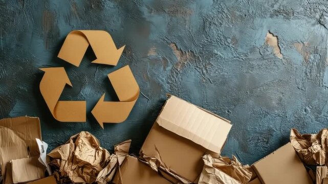 Top view of a cardboard recycling symbol surrounded by a pile of paper and cardboard waste on a textured blue background, representing the concept of environmental conservation and sustainability