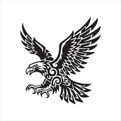 Obraz premium Flying eagle in attack pose with spread wings, fierce bird of prey tattoo vector line art emblem design.