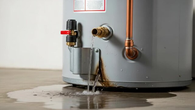 Leaking water heater showing damage and rust on aged metal. Leaking water heater problems can stem from various component malfunctions, corroded tank, or pressure issues,
