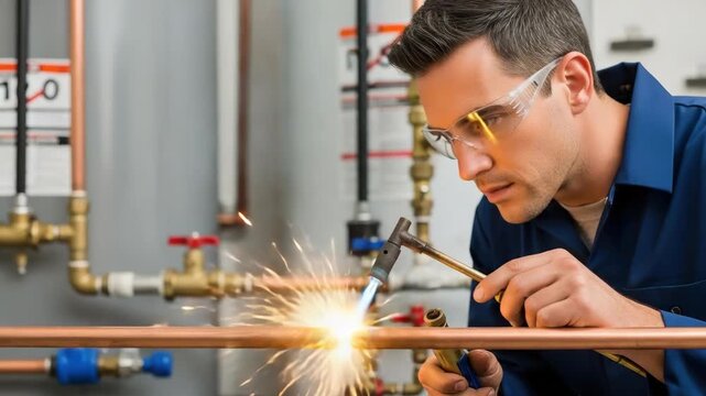 Close up of a plumber welding copper pipes with safety glasses on, plumber at work. Copper pipes are essential for plumbing construction, repair and gas line connection.