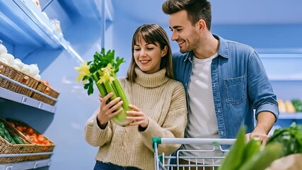 Happy Young Couple Smiling and Choosing Fresh Celery in a Modern Supermarket Produce Aisle