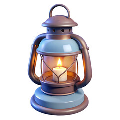 3d icon of vintage blue lantern with a lit candle isolated on transparent background