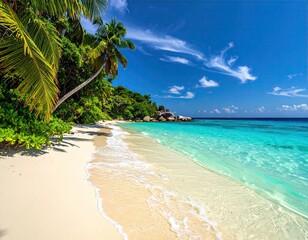 Idyllic Tropical Beach Scene with Turquoise Water White Sand and Lush Green Vegetation Under a Bright Blue Sky with Scattered Clouds Creating a Serene Paradise
