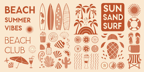 Retro summer beach vibes collection with surfboards palm trees and tropical elements