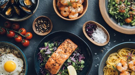 Gourmet Seafood and Healthy Dishes Flat Lay