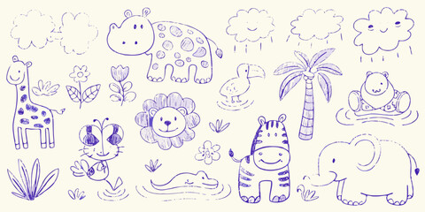 Cute hand drawn safari animals and jungle elements in a whimsical doodle style