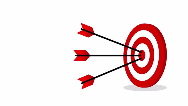Animation video of red dart target hit by three arrows. Sport and targeted success motivation theme. 