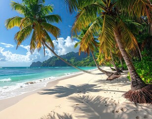 Idyllic Tropical Beach with White Sand Turquoise Water Palm Trees and Distant Mountain Under a Clear Blue Sky Tranquil Paradise Landscape